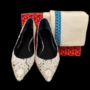 Tory Burch Roccia Embellished Ballet Flats Sz 9 Snakeskin Mirror Detail”